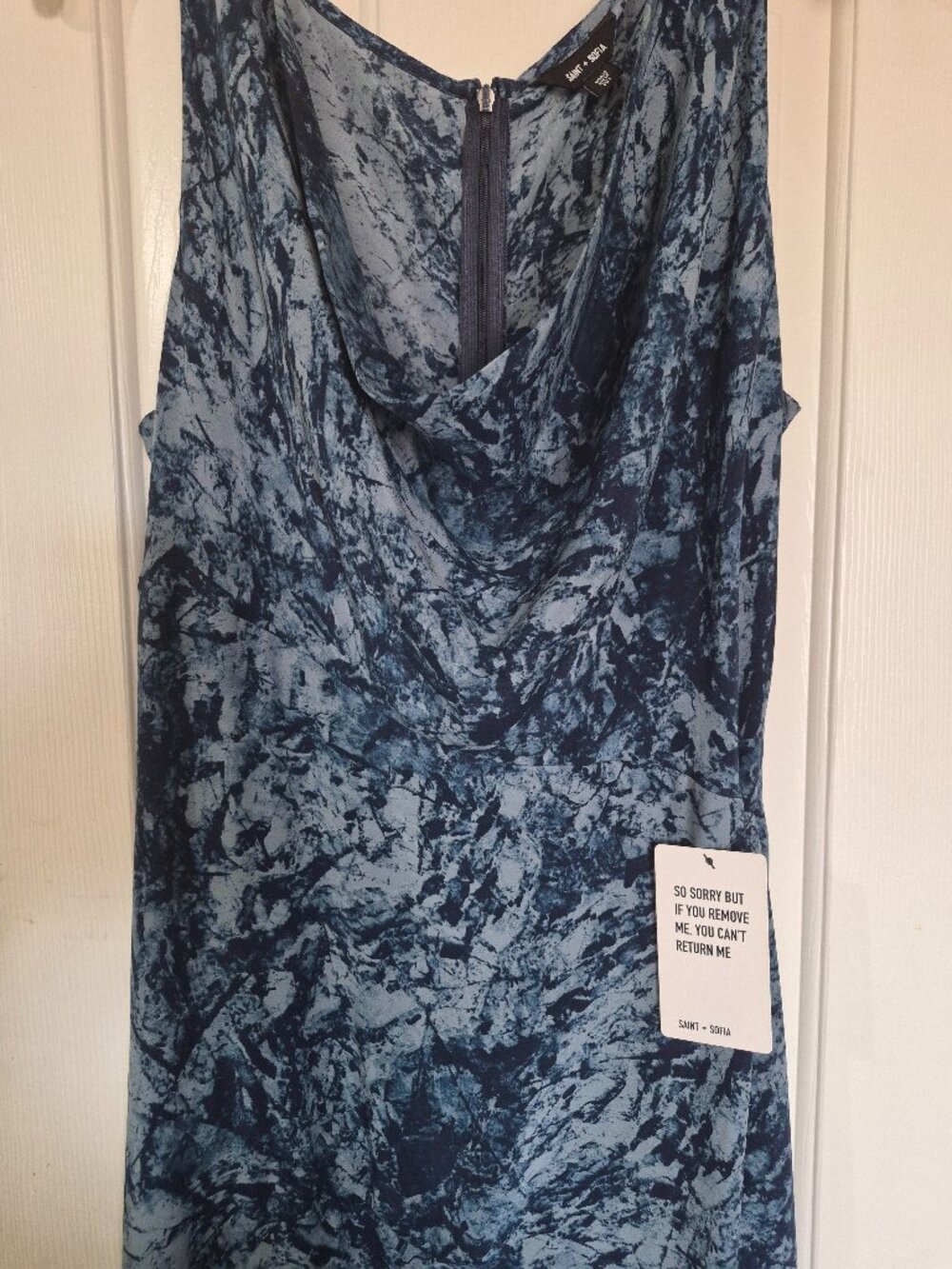 Saint + Sofia midi dress in blue and navy print